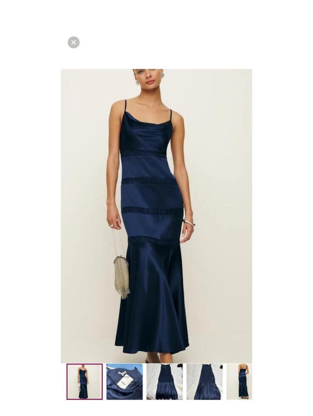 Reformation Riah Navy Blue Silk Slip Dress Lace Accent 6 wedding guest